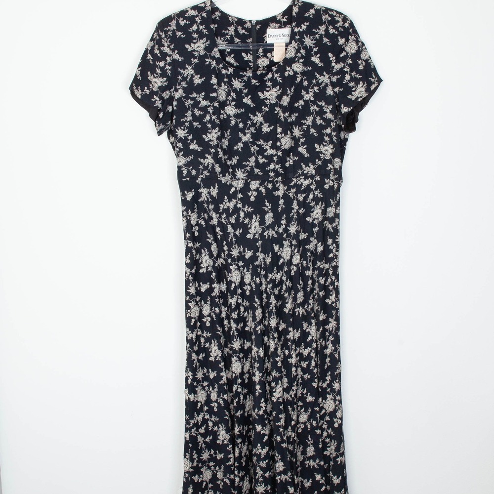 VTG Danny & Nicole Womens Floral Maxi Dress Size 12 Tall Black Cottagecore Fairy